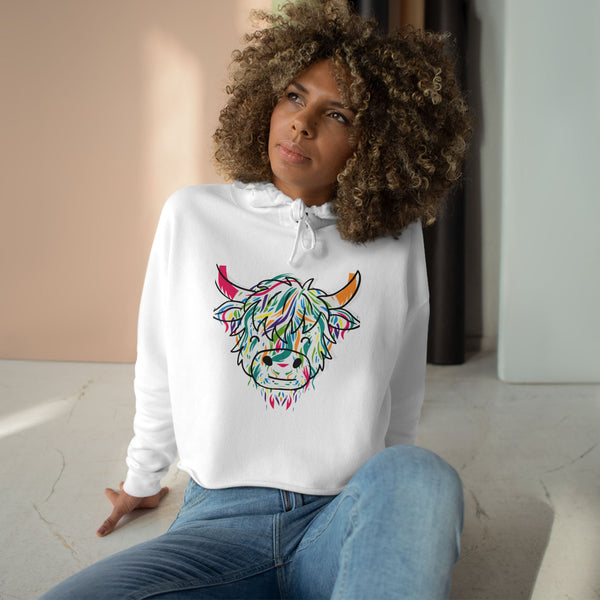 Colorful Highland Cow Crop Hoodie — Neon Sketch Cow Head Graphic