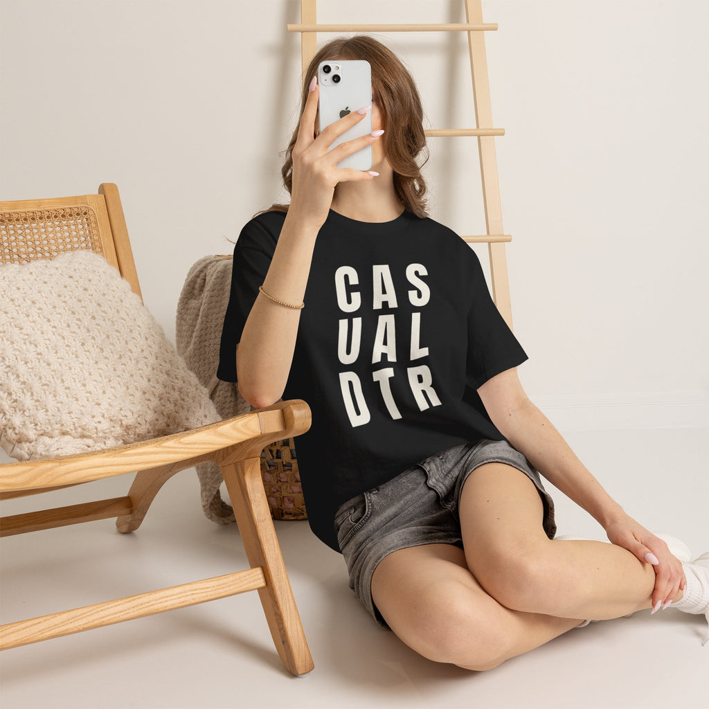 Casual Detour Graphic Tee — Vertical Text Black T‑Shirt