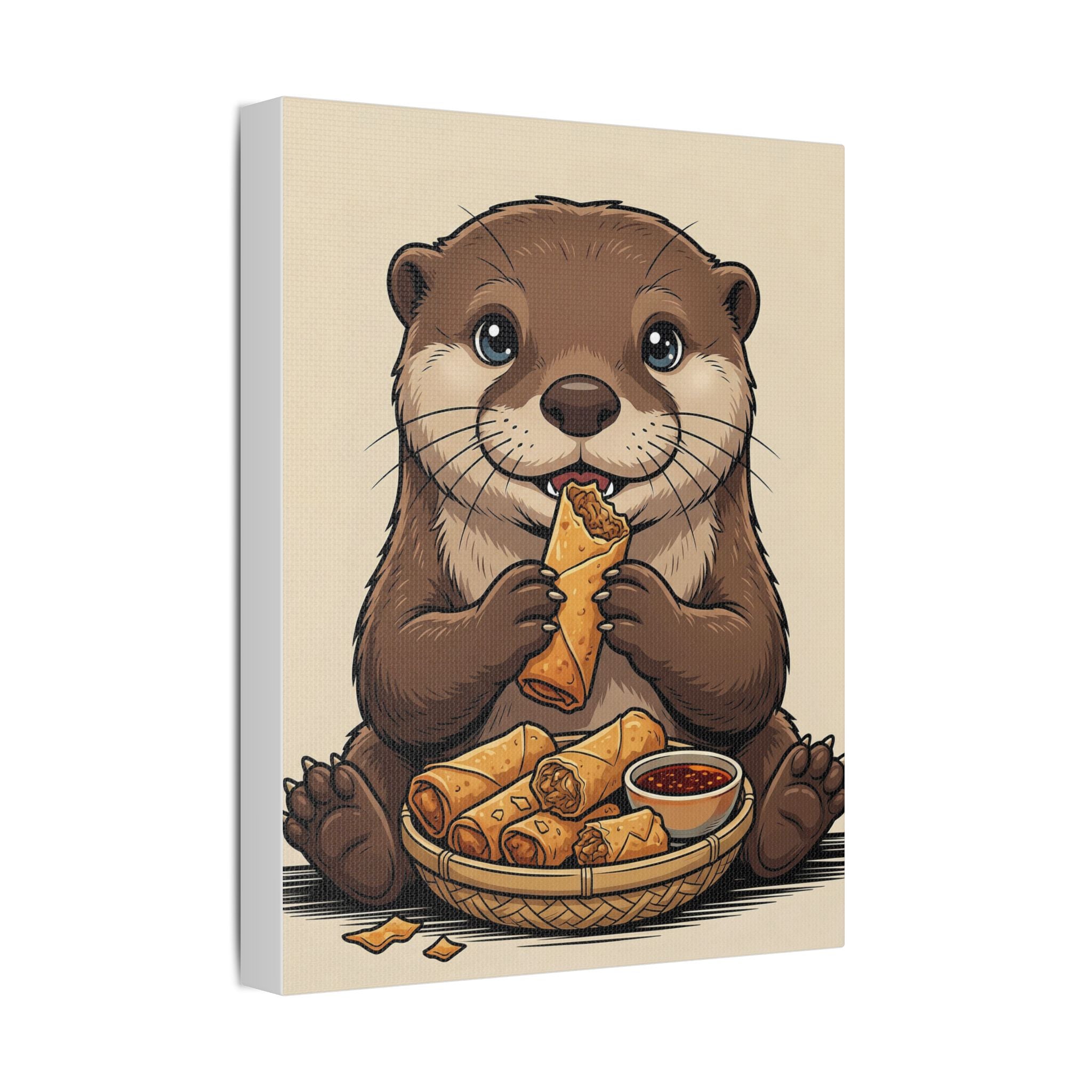 Cute Otter Eating Lumpia — Stretched Satin Canvas Wall Art