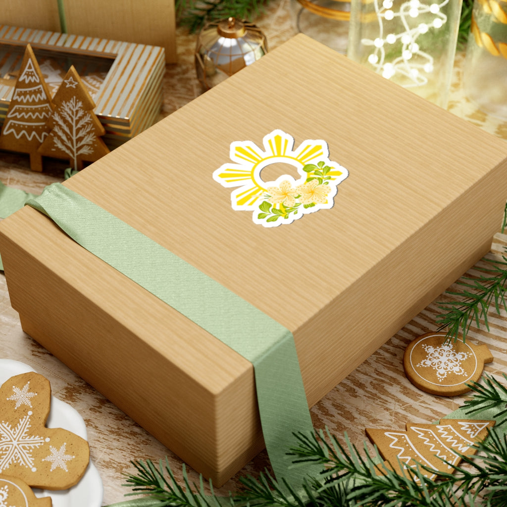 Sunburst Floral Sticker — Yellow Philippine Sun with Sampaguita Flowers (Kiss-Cut)