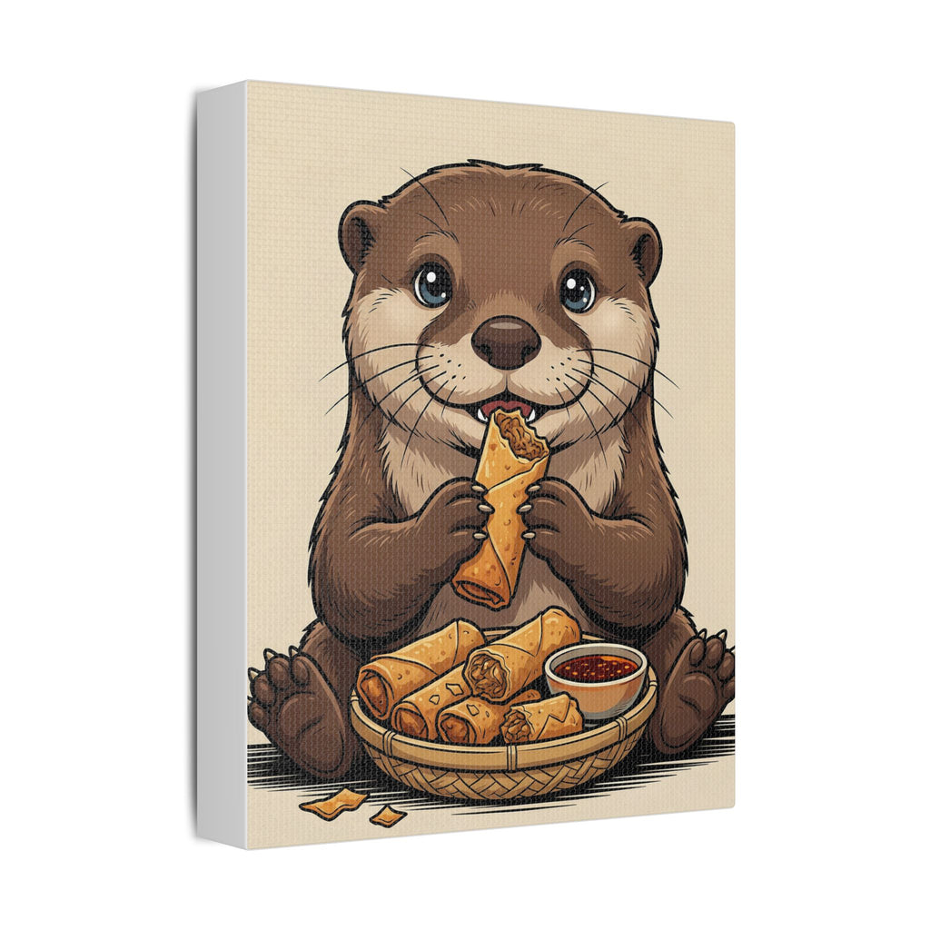 Cute Otter Eating Lumpia — Stretched Satin Canvas Wall Art