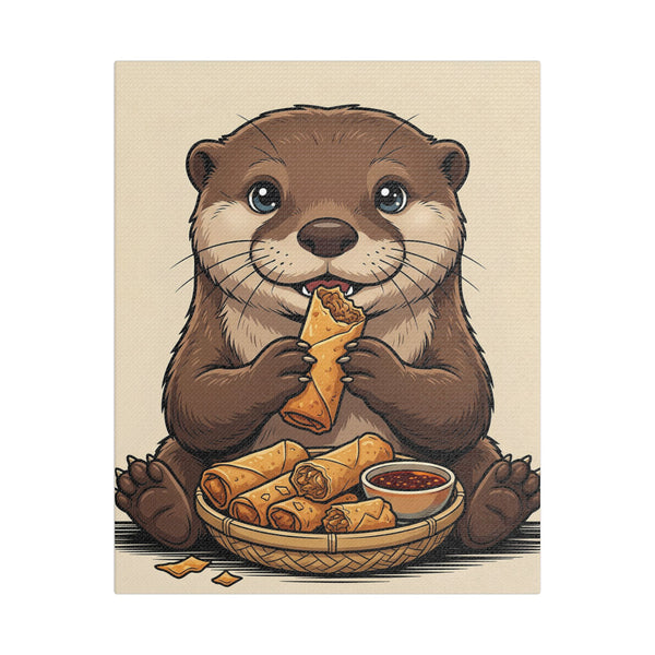 Cute Otter Eating Lumpia — Stretched Satin Canvas Wall Art