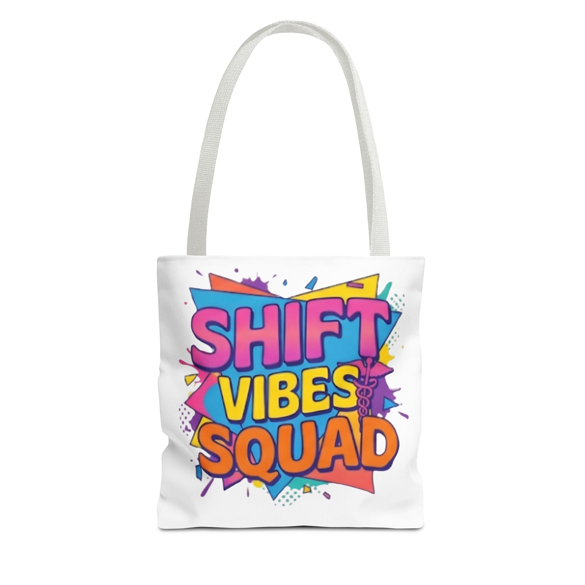 Shift Vibes Squad Tote Bag — Colorful Retro Graphic Shopping Tote
