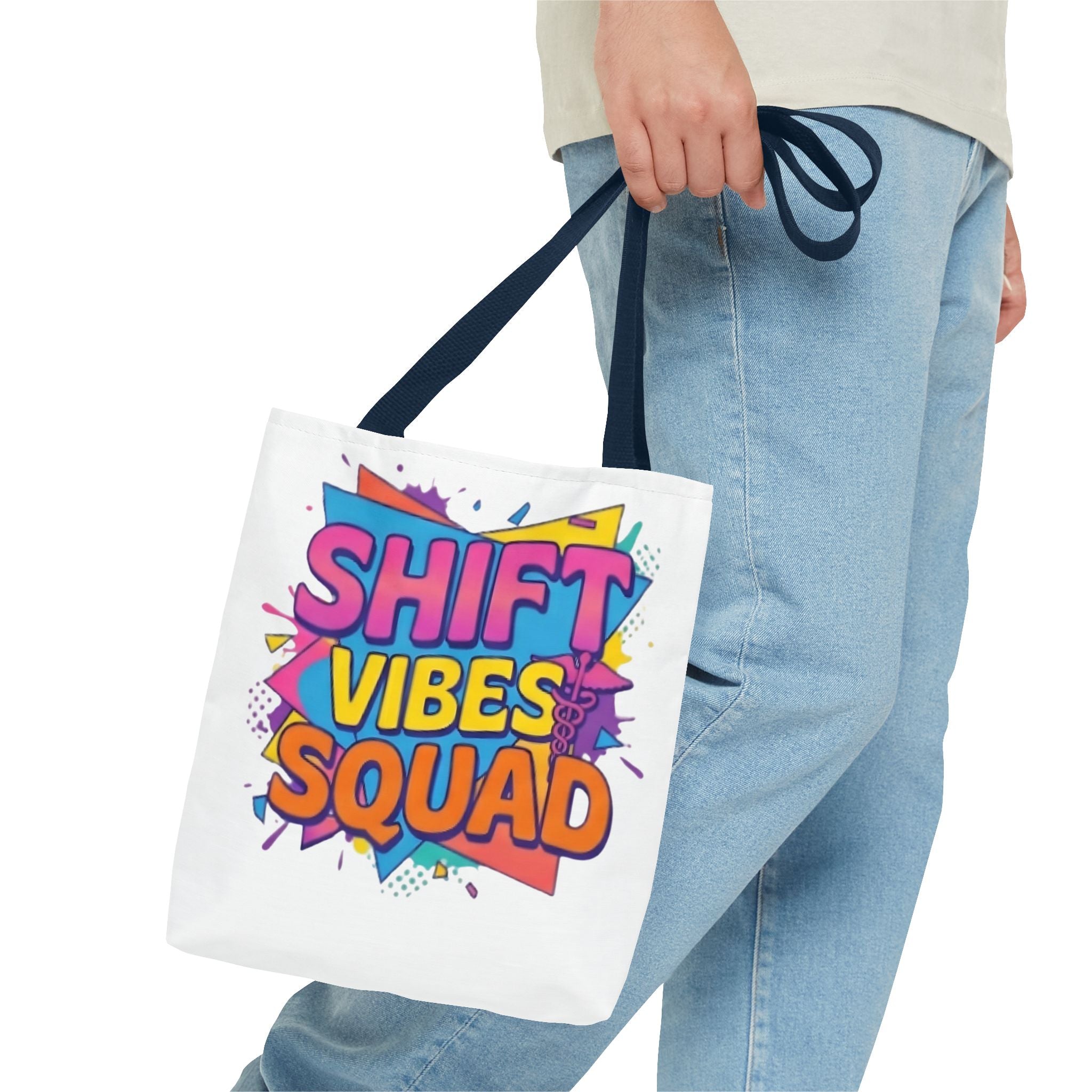 Shift Vibes Squad Tote Bag — Colorful Retro Graphic Shopping Tote