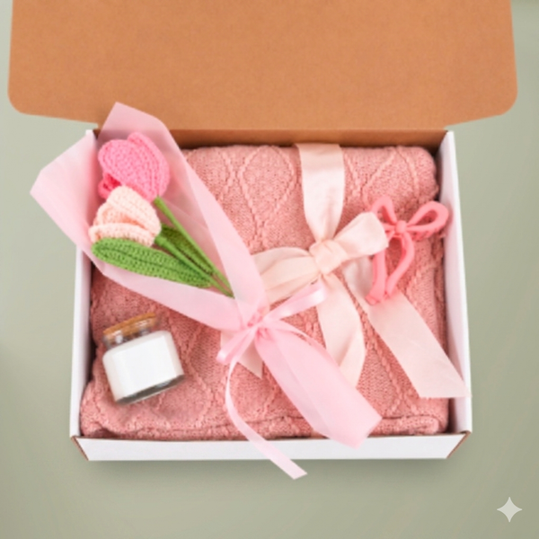 Blush & Bloom Gift Set —Filipino sun Candle, Crochet Bouquet, Cozy Blanket & Bow Clip