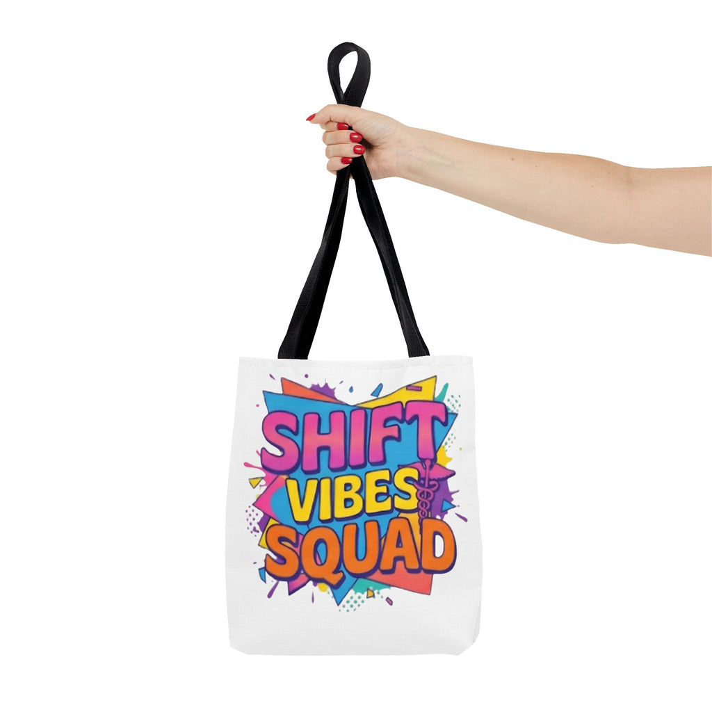 Shift Vibes Squad Tote Bag — Colorful Retro Graphic Shopping Tote