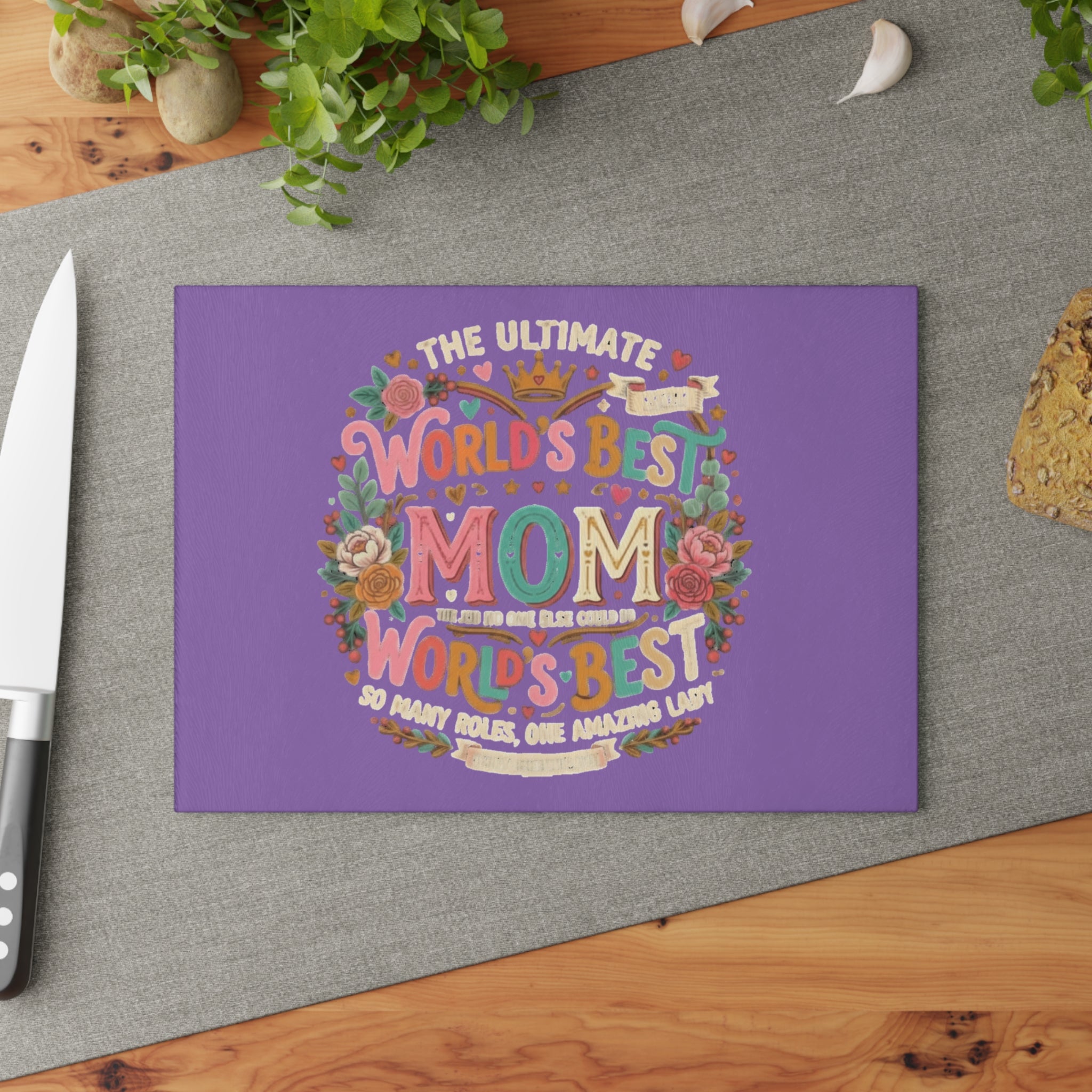 Glass Cutting Board — "World's Best Mom" Floral Decorative Kitchen Gift