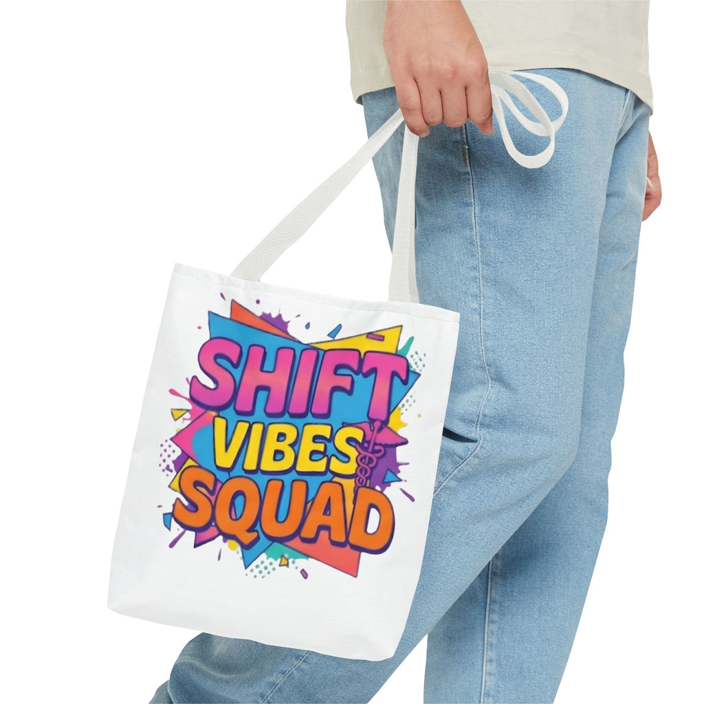 Shift Vibes Squad Tote Bag — Colorful Retro Graphic Shopping Tote