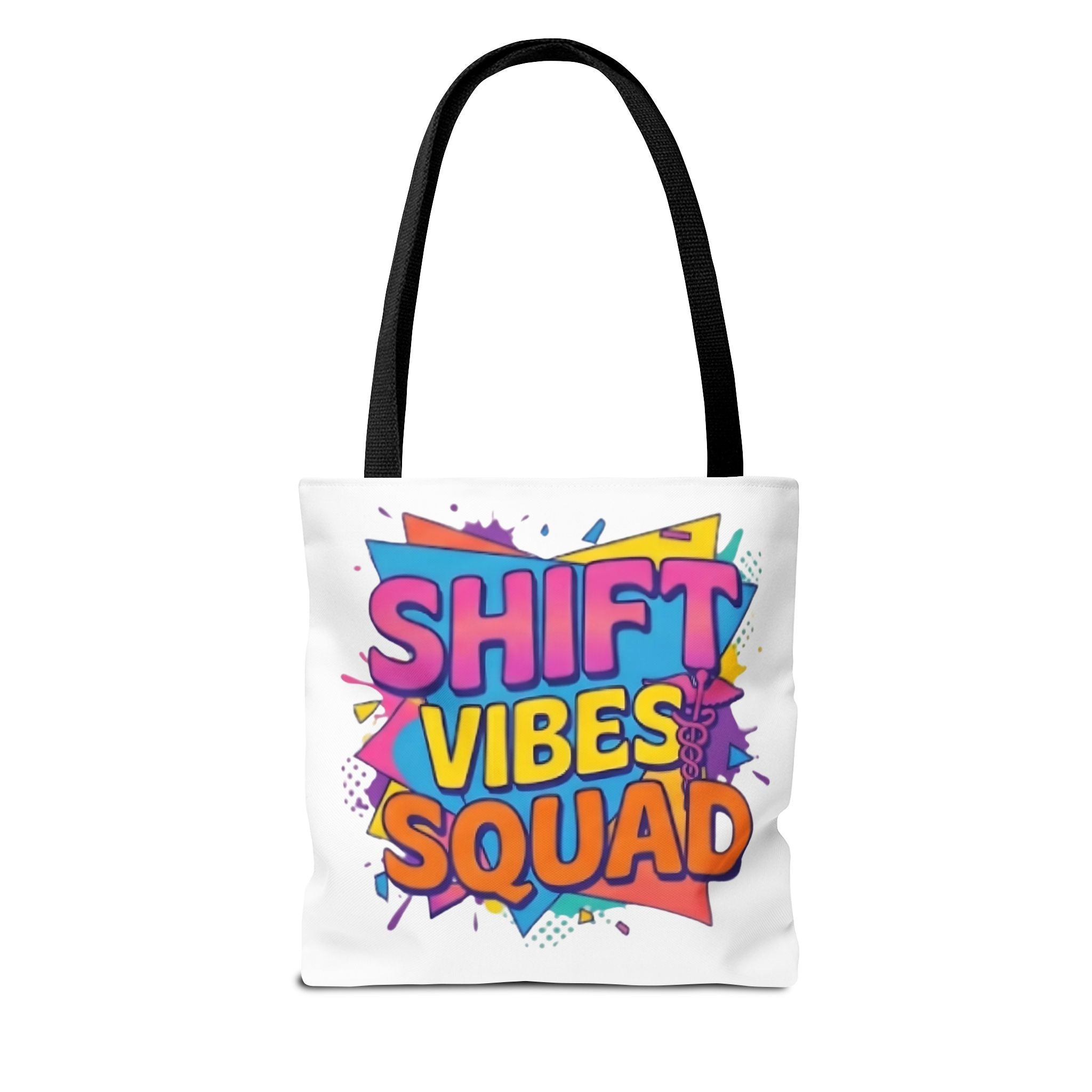 Shift Vibes Squad Tote Bag — Colorful Retro Graphic Shopping Tote