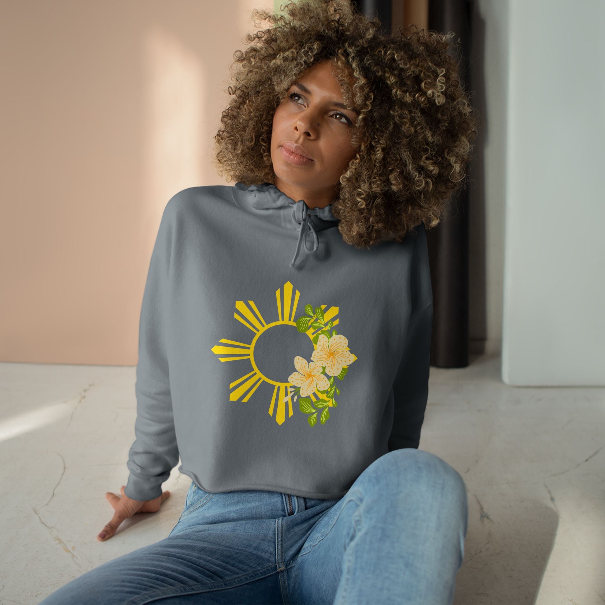 Cropped Hoodie — Sunburst Floral Graphic (Yellow Hibiscus)
