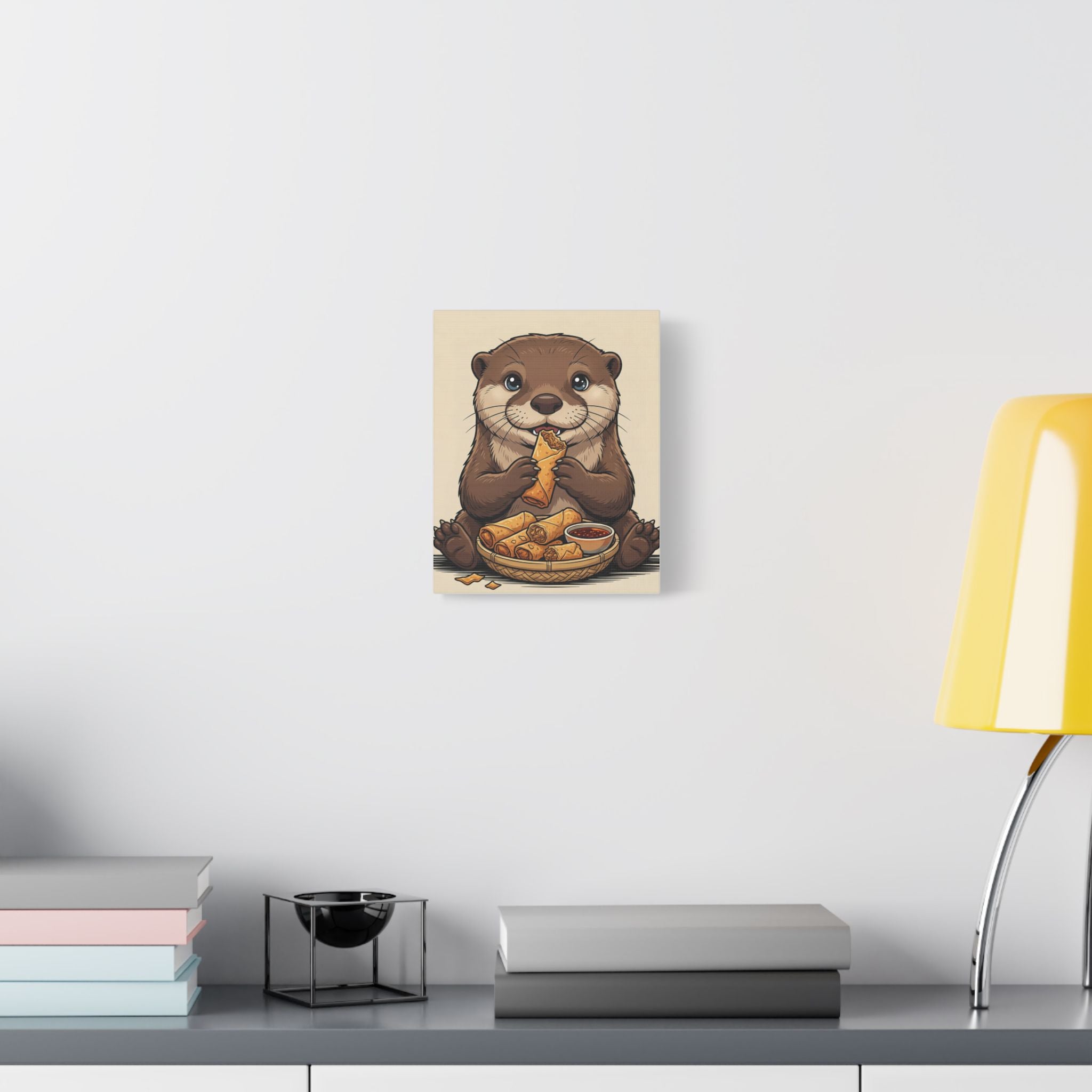 Cute Otter Eating Lumpia — Stretched Satin Canvas Wall Art
