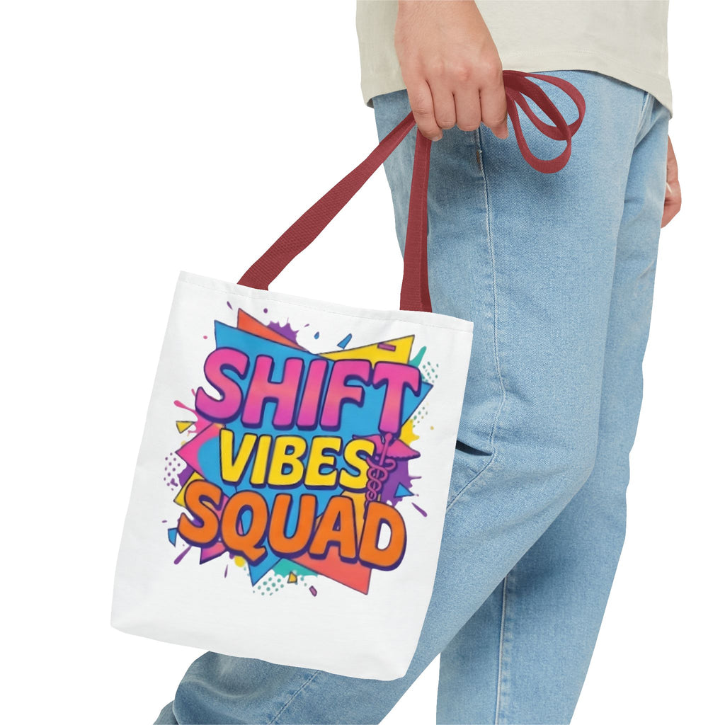 Shift Vibes Squad Tote Bag — Colorful Retro Graphic Shopping Tote