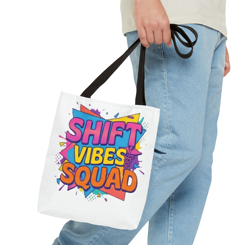 Shift Vibes Squad Tote Bag — Colorful Retro Graphic Shopping Tote