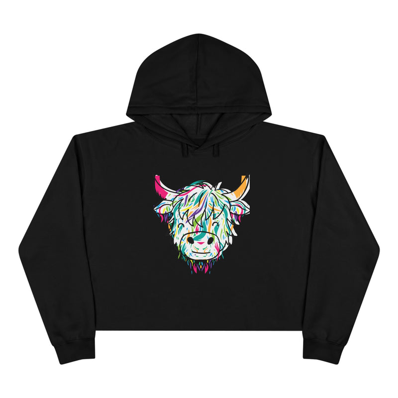 Colorful Highland Cow Crop Hoodie — Neon Sketch Cow Head Graphic