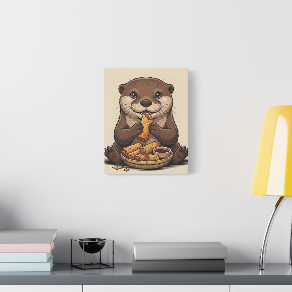 Cute Otter Eating Lumpia — Stretched Satin Canvas Wall Art