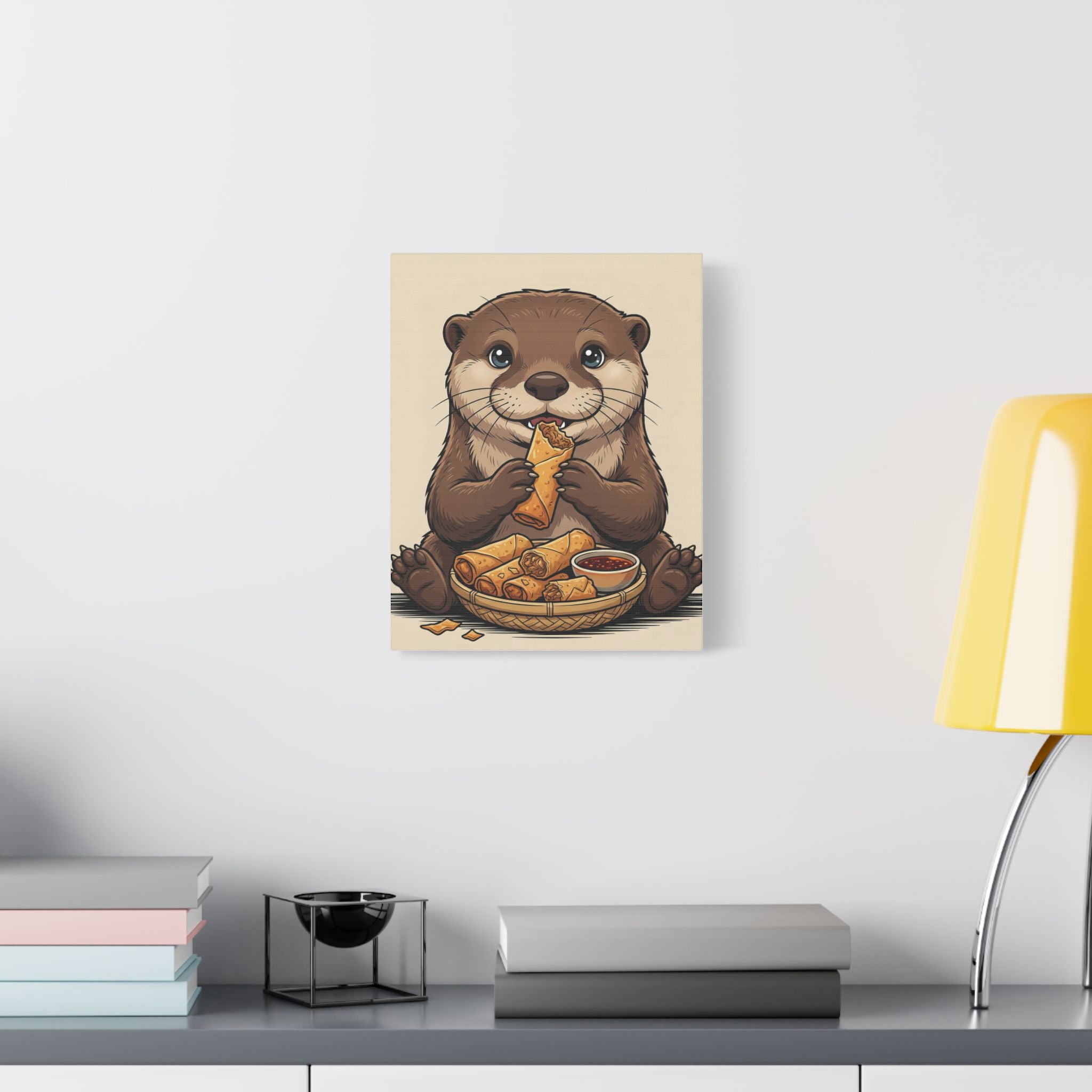 Cute Otter Eating Lumpia — Stretched Satin Canvas Wall Art