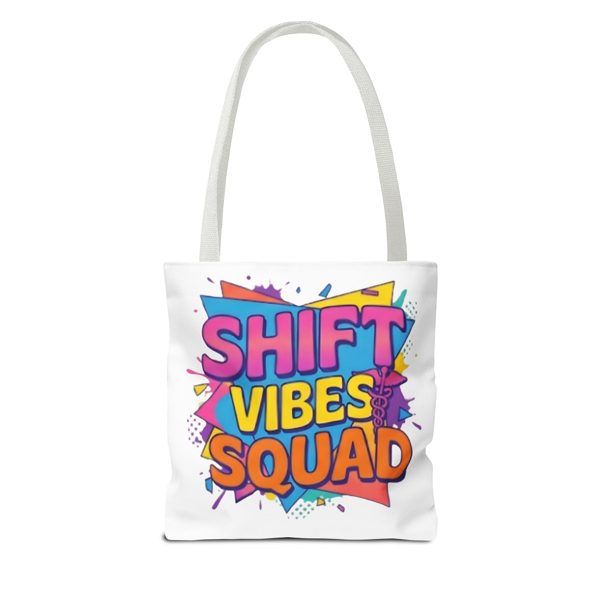 Shift Vibes Squad Tote Bag — Colorful Retro Graphic Shopping Tote