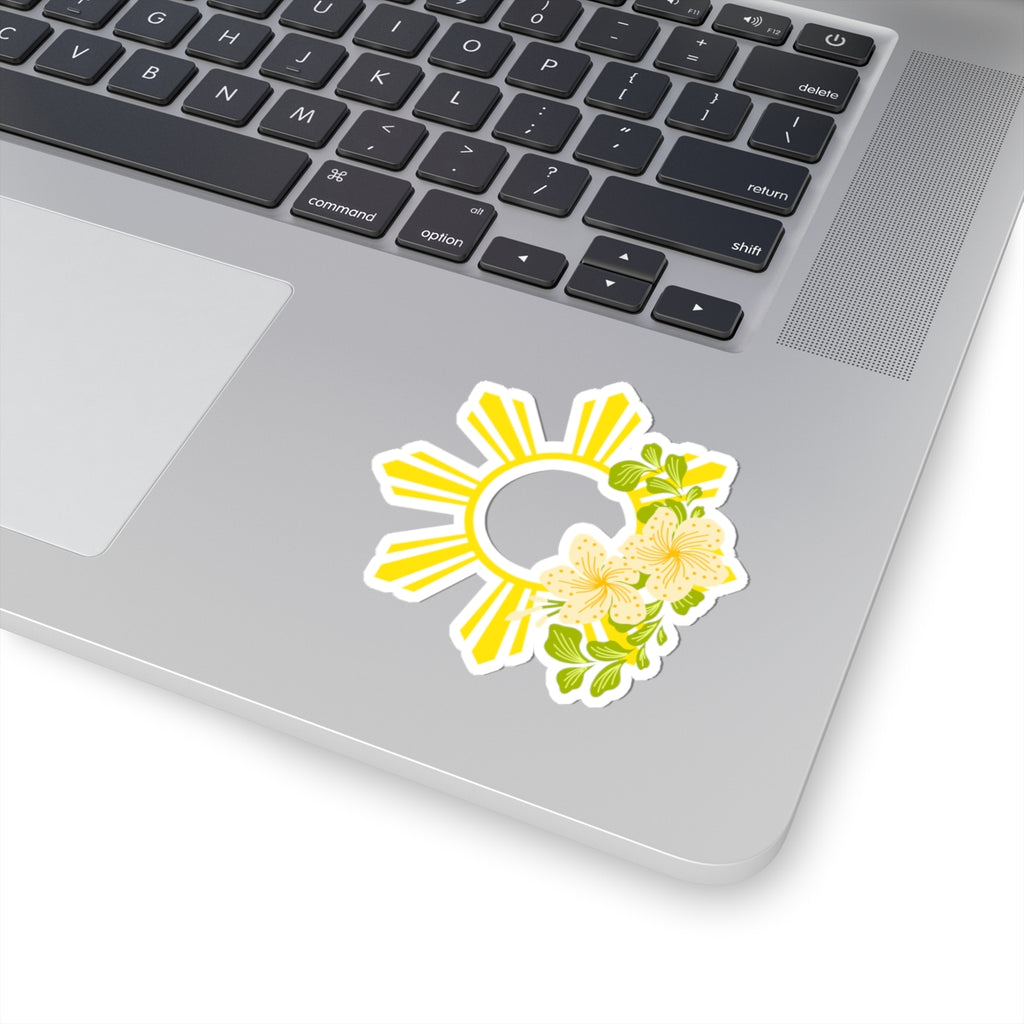 Sunburst Floral Sticker — Yellow Philippine Sun with Sampaguita Flowers (Kiss-Cut)