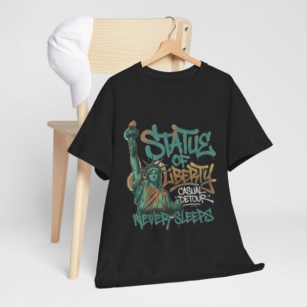 Statue of Liberty Graffiti Tee — 'Statue of Liberty Never Sleeps' Graphic T-Shirt