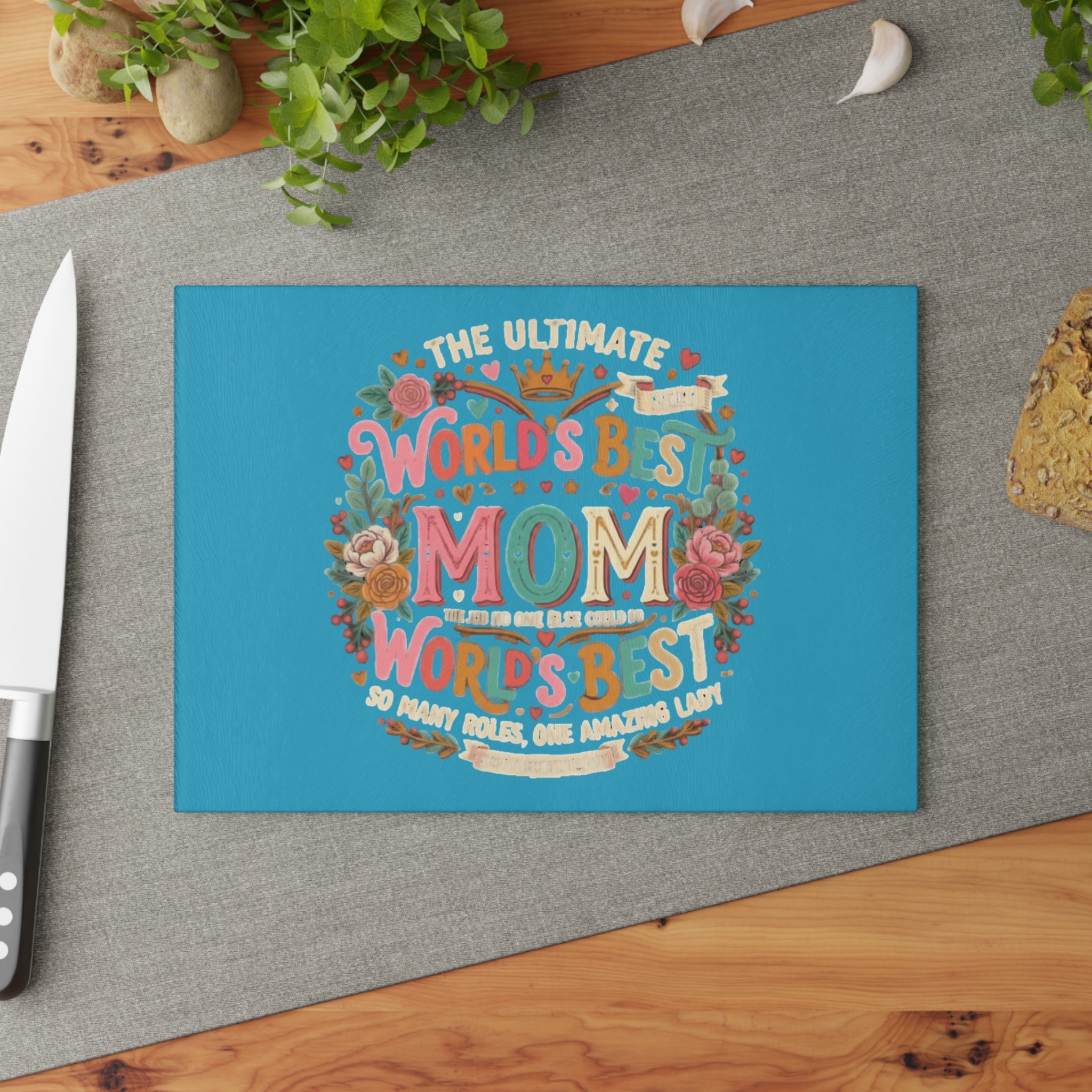 World's Best Mom Glass Cutting Board — Colorful Floral Mother's Day Gift