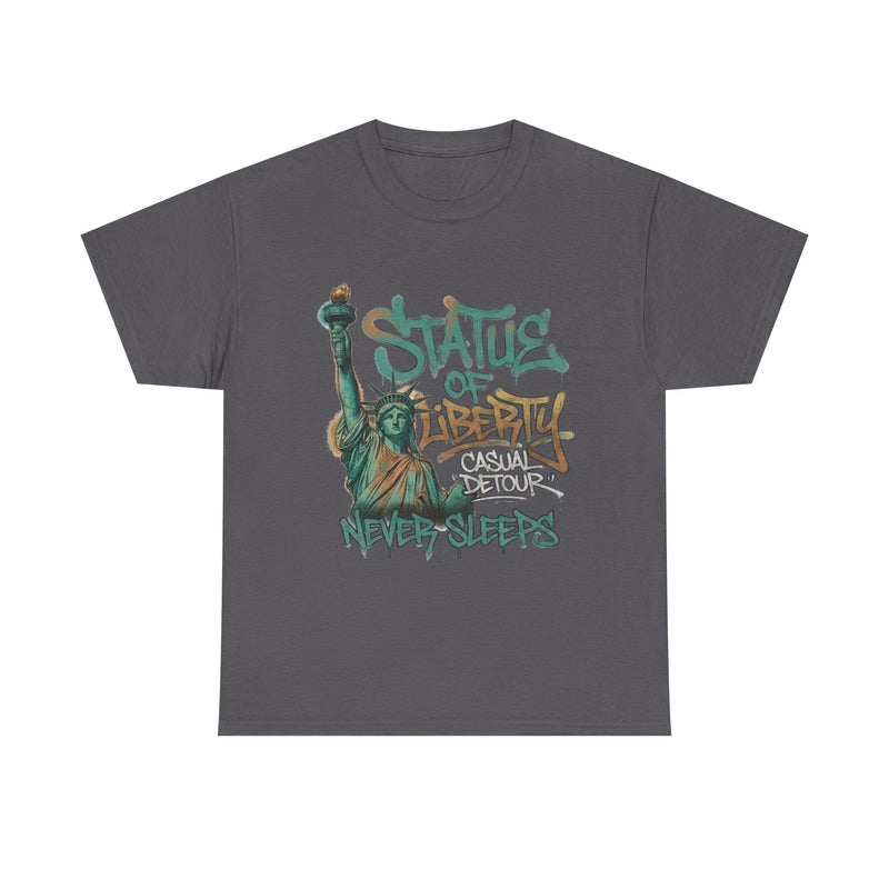 Statue of Liberty Graffiti Tee — 'Statue of Liberty Never Sleeps' Graphic T-Shirt