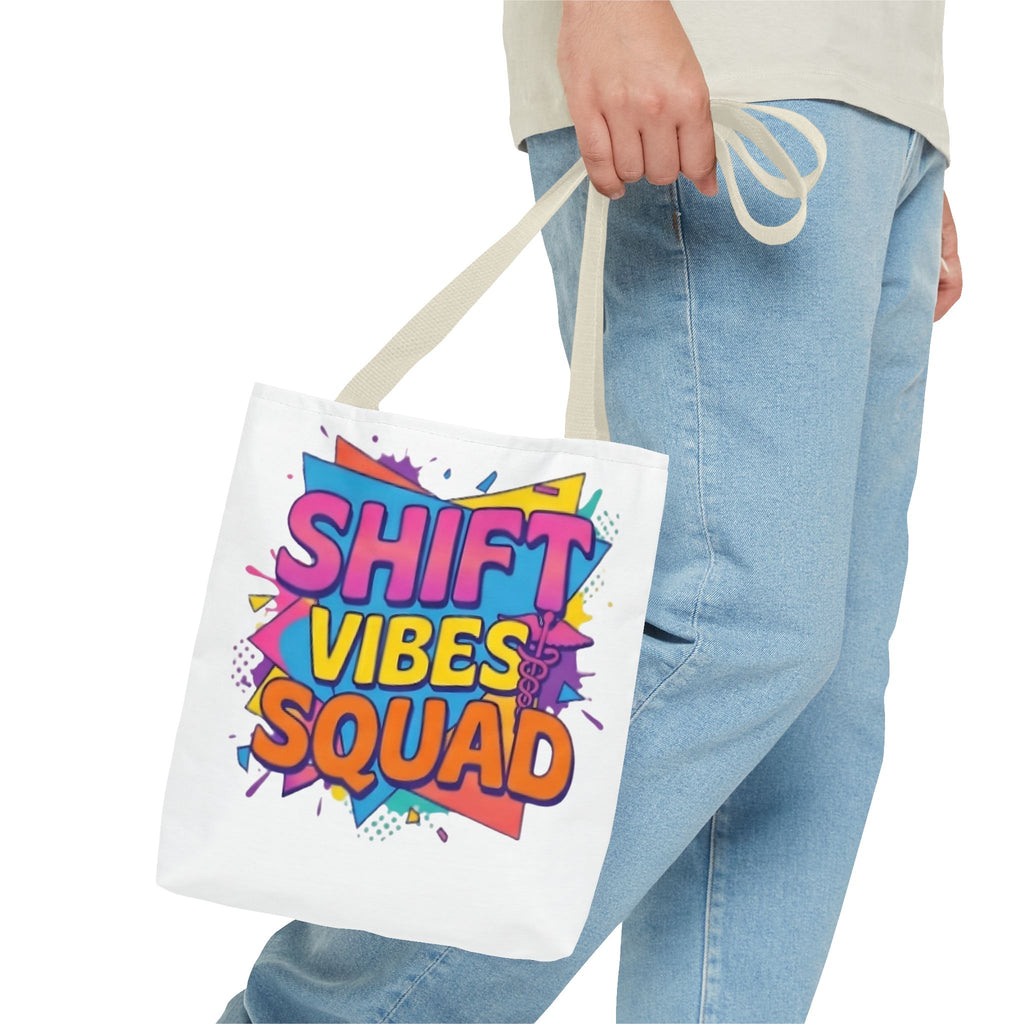Shift Vibes Squad Tote Bag — Colorful Retro Graphic Shopping Tote