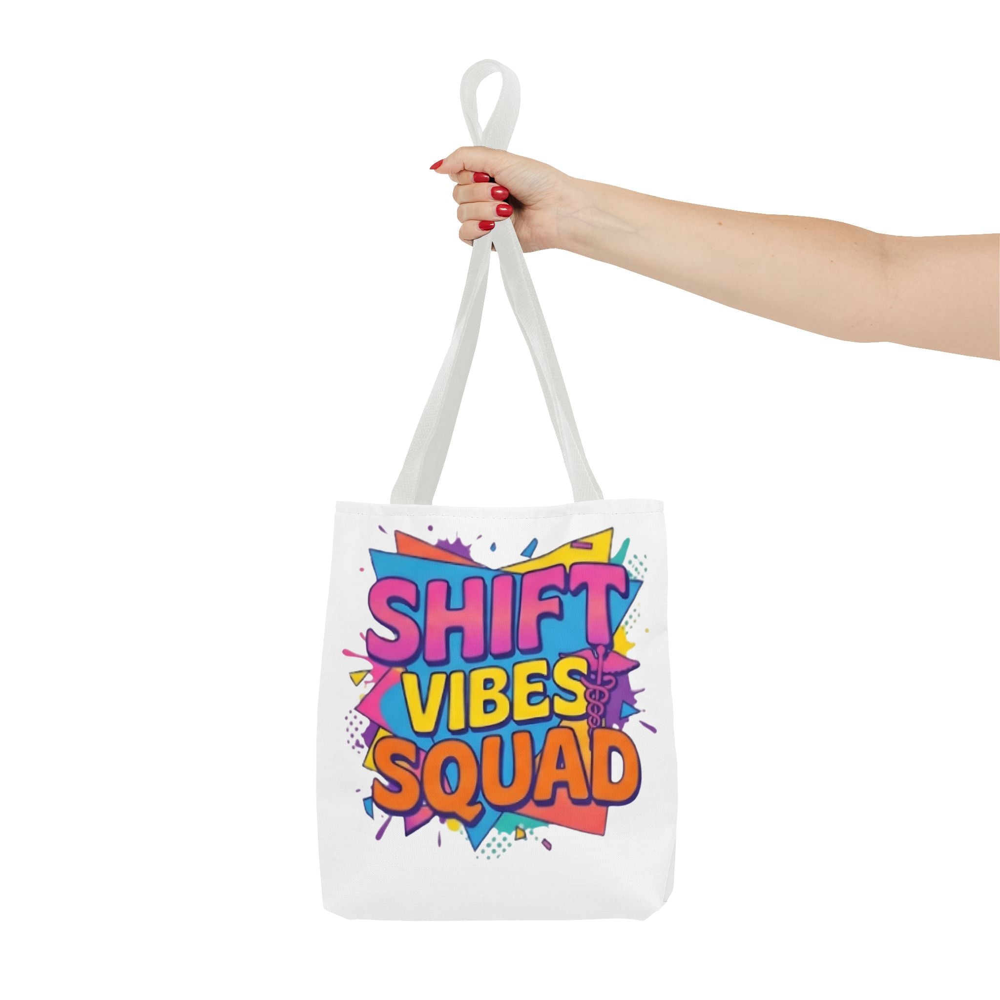 Shift Vibes Squad Tote Bag — Colorful Retro Graphic Shopping Tote
